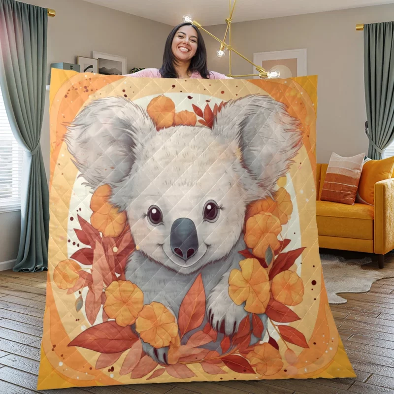 Koala Surrounded by Leaves Quilt Blanket