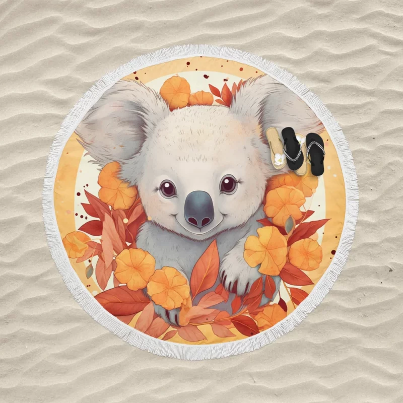 Koala Surrounded by Leaves Round Beach Towel