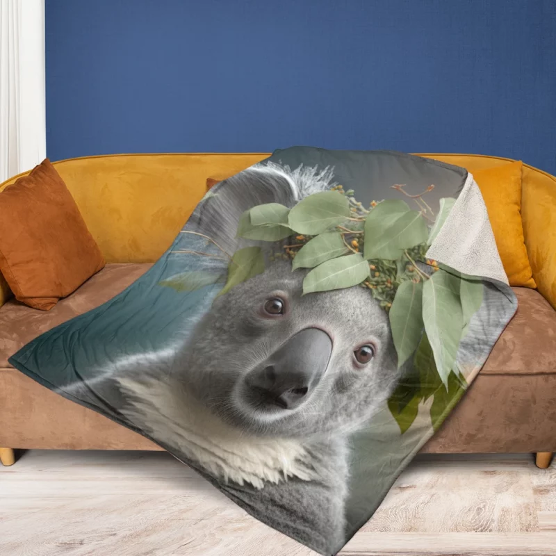 Koala With Leaves on Head Fleece Blanket 1