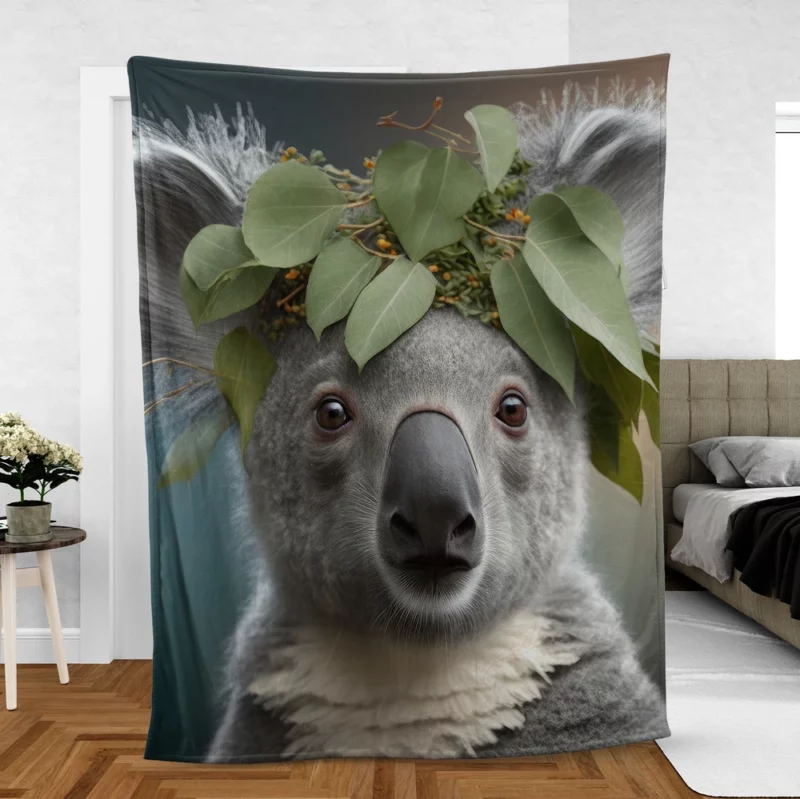 Koala With Leaves on Head Fleece Blanket