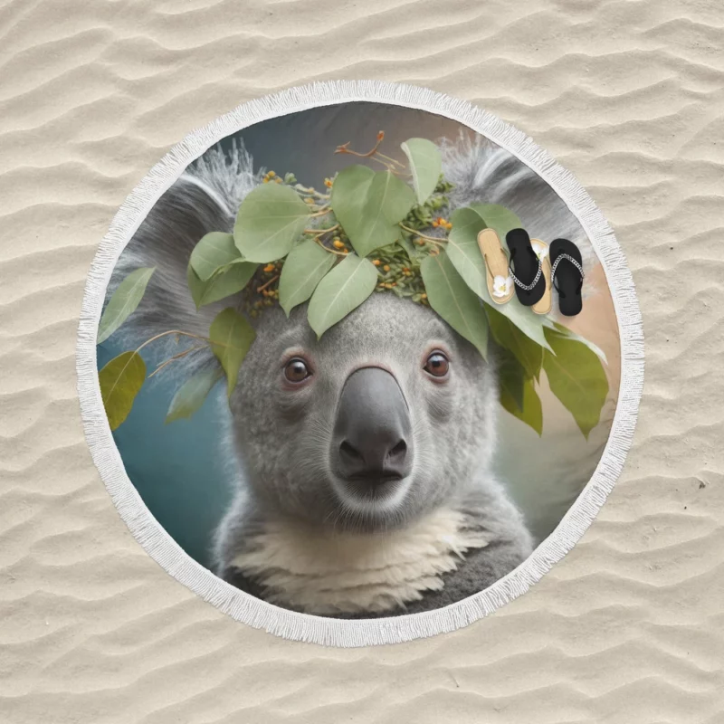 Koala With Leaves on Head Round Beach Towel