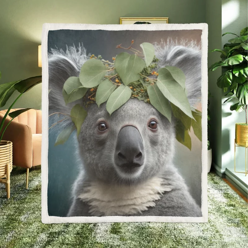 Koala With Leaves on Head Sherpa Fleece Blanket