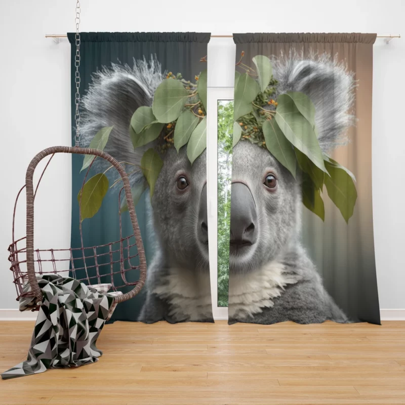 Koala With Leaves on Head Window Curtain