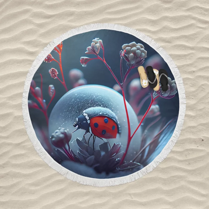 Ladybug in the Snow Artwork Round Beach Towel