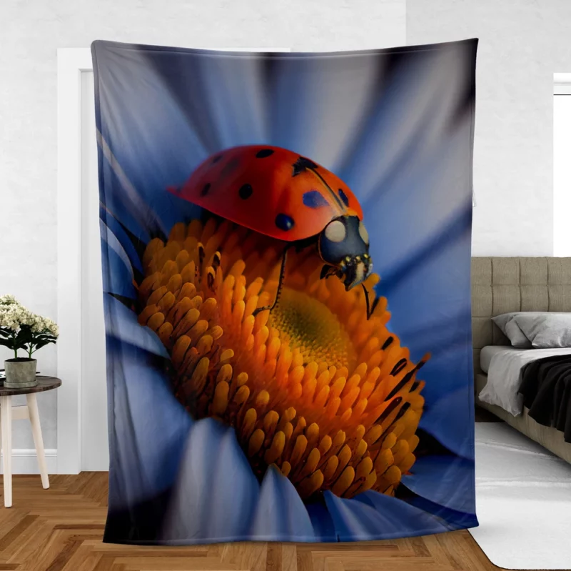 Ladybug on Blue Flower Fleece Blanket