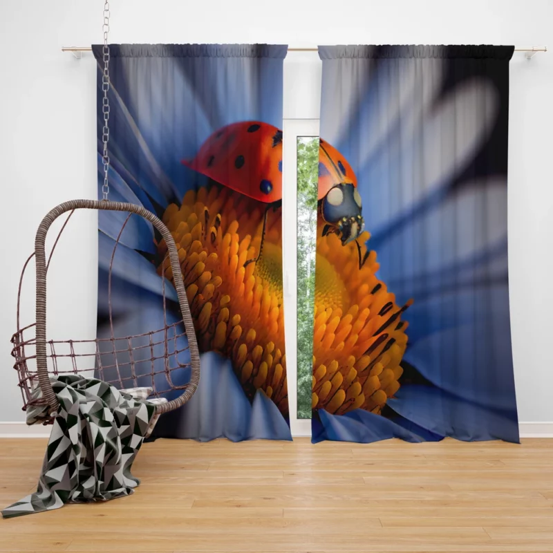 Ladybug on Blue Flower Window Curtain