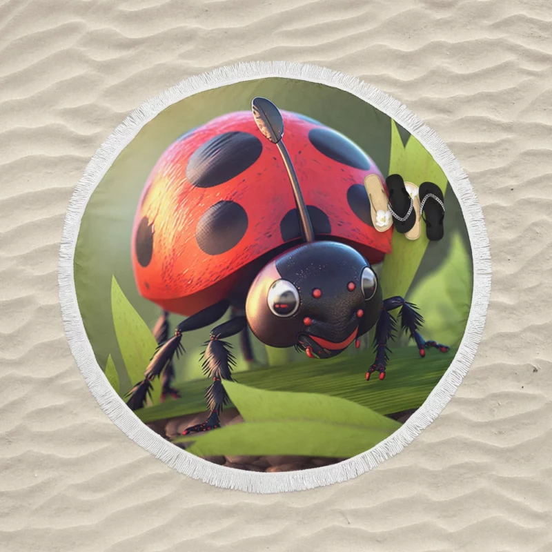 Ladybug on Green Background Round Beach Towel