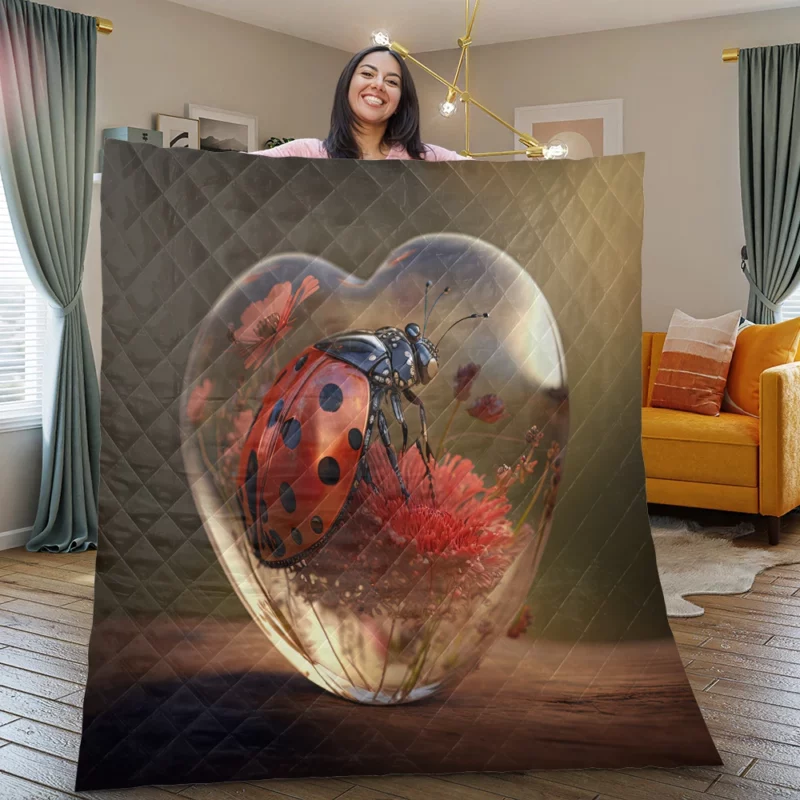 Ladybug on Heart Shaped Glass Quilt Blanket