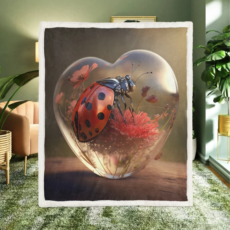 Ladybug on Heart Shaped Glass Sherpa Fleece Blanket