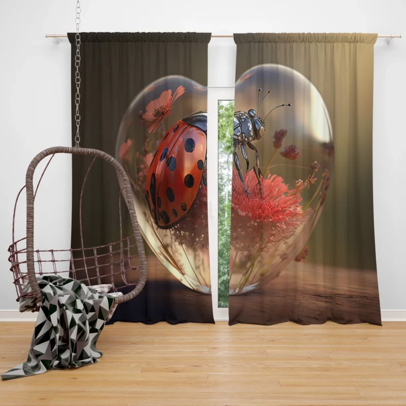 Ladybug on Heart Shaped Glass Window Curtain