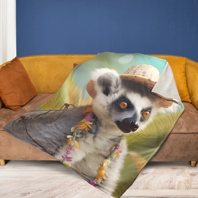 Lemur in Tropical Bloom Fleece Blanket 1