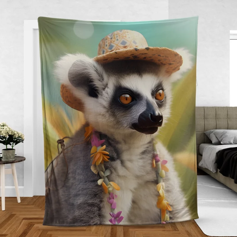 Lemur in Tropical Bloom Fleece Blanket