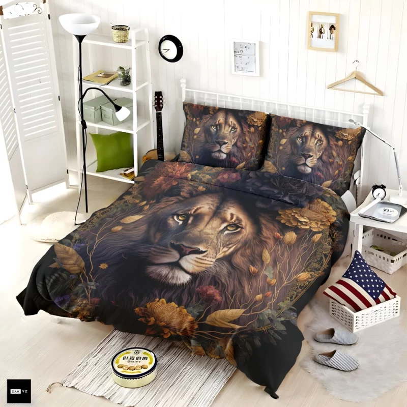 Lion Surrounded by Flowers Bedding Set