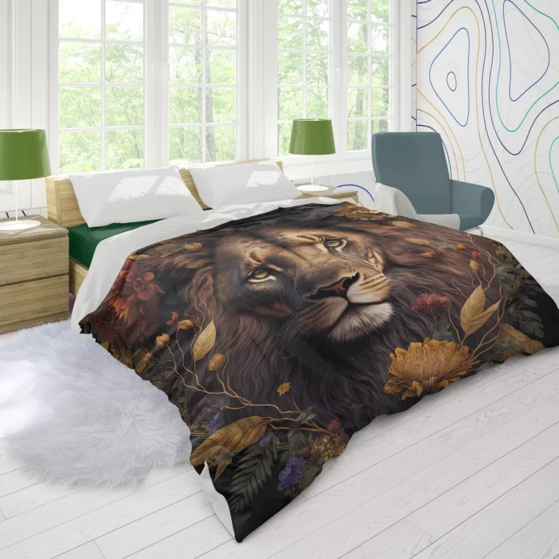 Lion Surrounded by Flowers Duvet Cover