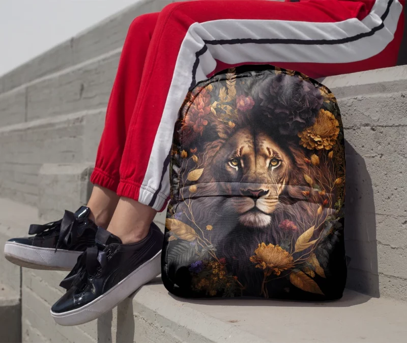 Lion Surrounded by Flowers Minimalist Backpack 1