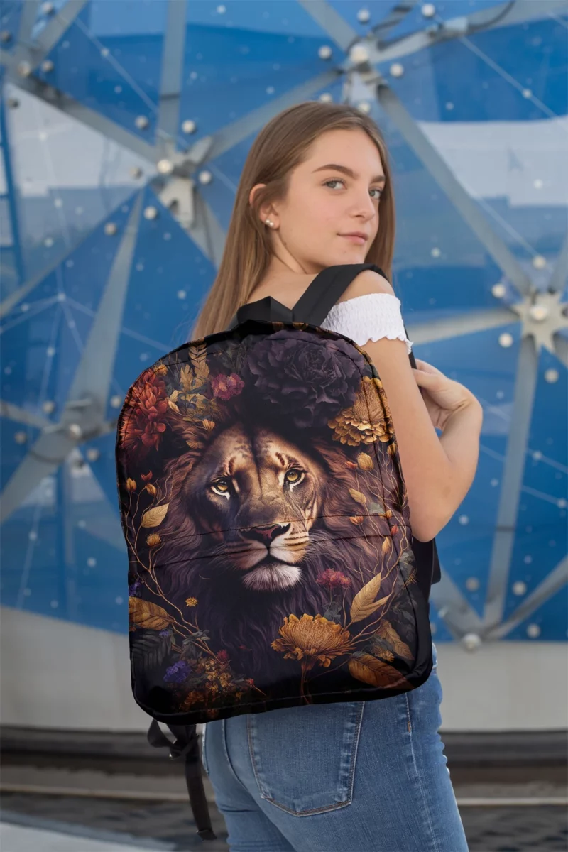 Lion Surrounded by Flowers Minimalist Backpack 2