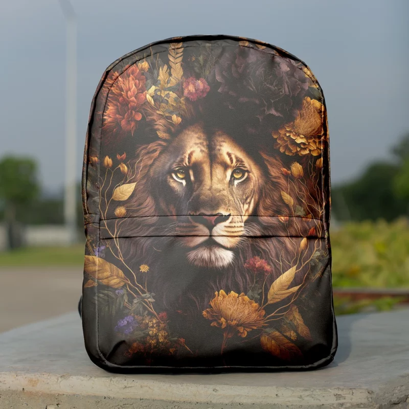 Lion Surrounded by Flowers Minimalist Backpack