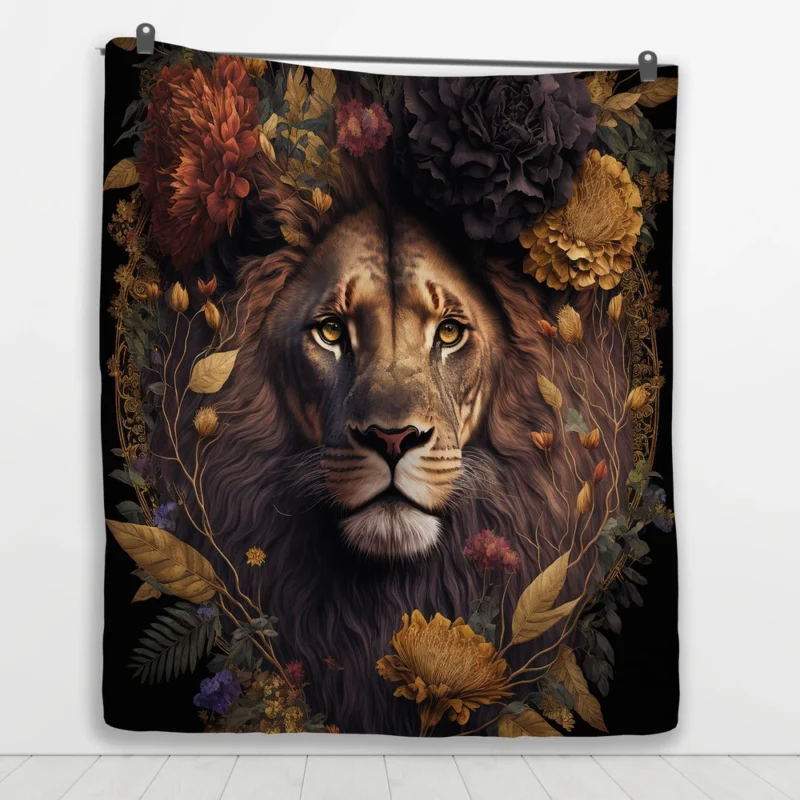 Lion Surrounded by Flowers Quilt Blanket 1