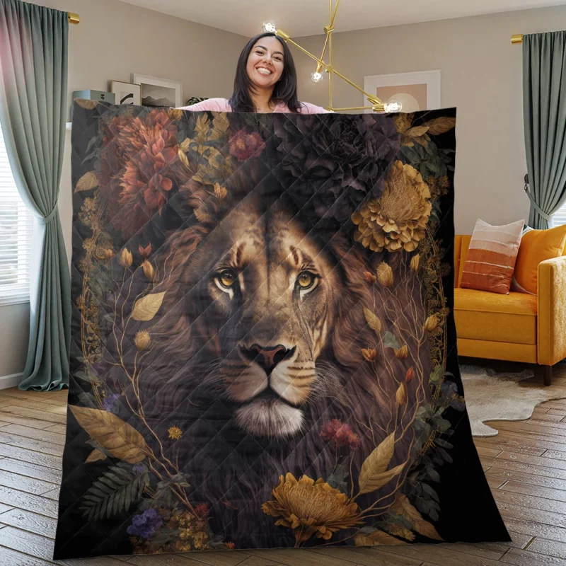 Lion Surrounded by Flowers Quilt Blanket