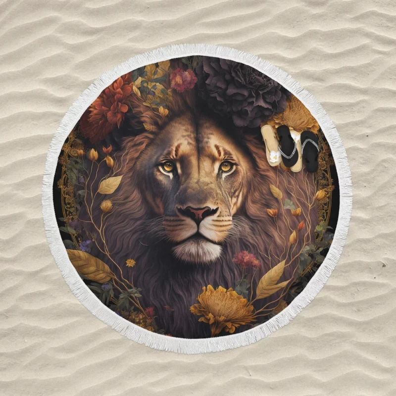 Lion Surrounded by Flowers Round Beach Towel