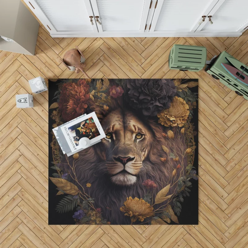 Lion Surrounded by Flowers Rug