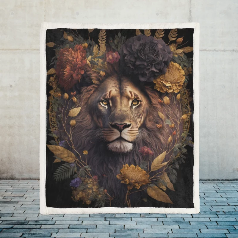 Lion Surrounded by Flowers Sherpa Fleece Blanket