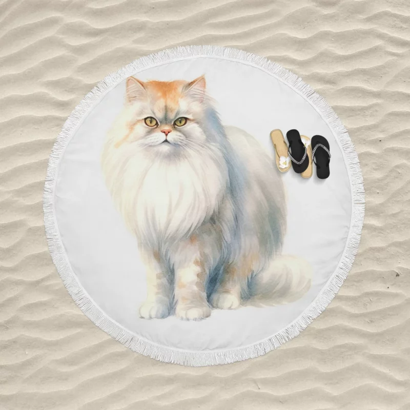 Long Haired White Cat Round Beach Towel