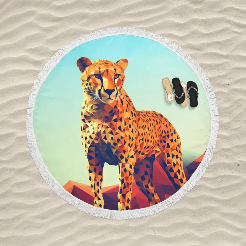 Low Poly Cheetah Art Round Beach Towel