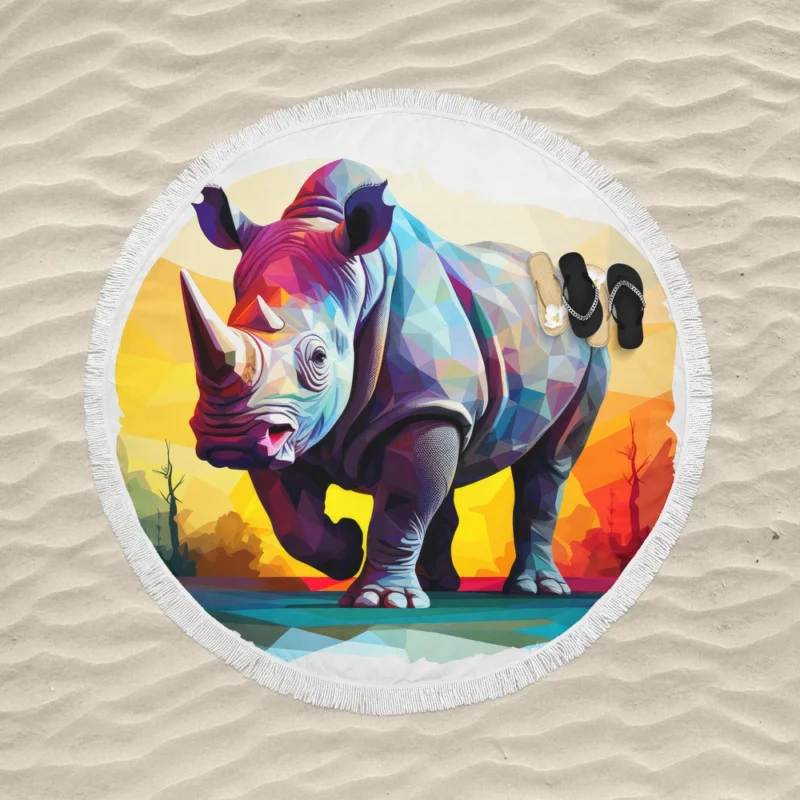 Low Poly Rhino Digital Art Round Beach Towel