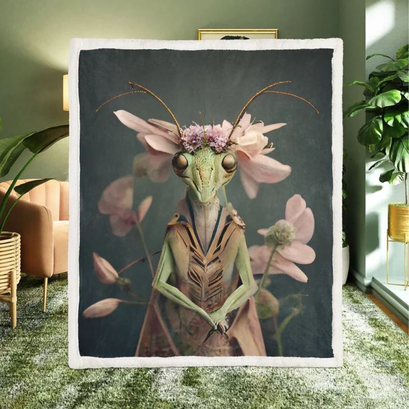 Mantis With Pastel Flowers Sherpa Fleece Blanket