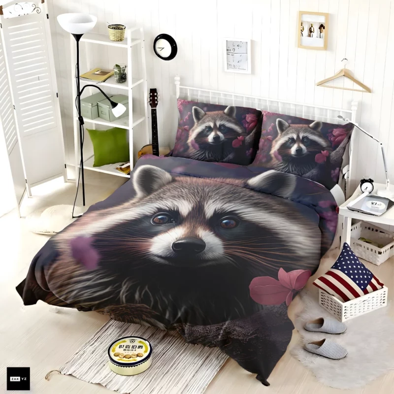 Mischievous Raccoon with Pink Flower Bedding Set