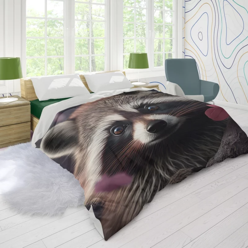 Mischievous Raccoon with Pink Flower Duvet Cover