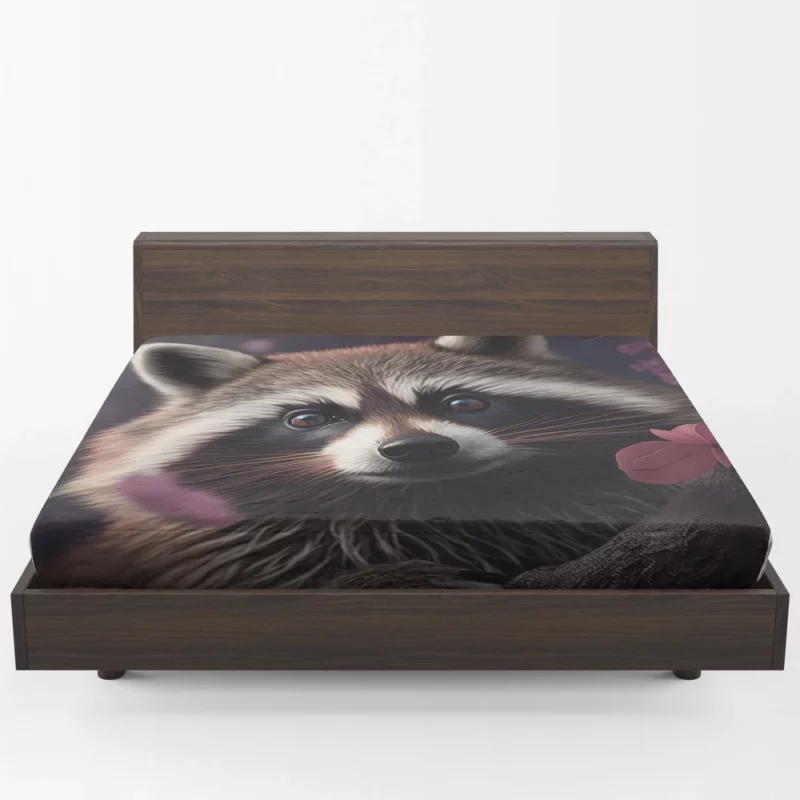 Mischievous Raccoon with Pink Flower Fitted Sheet 1