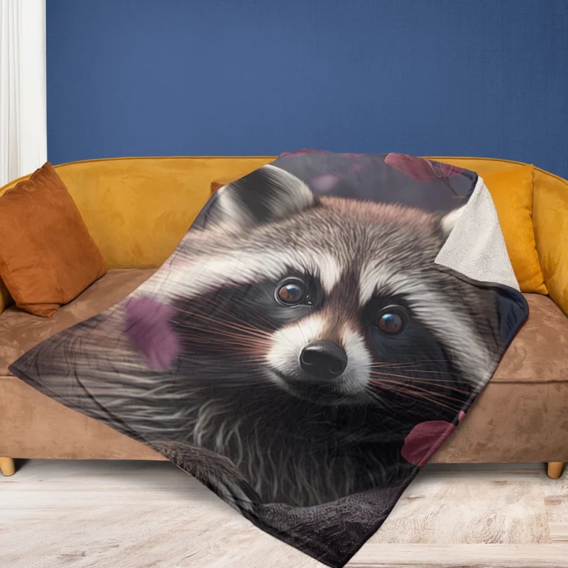 Mischievous Raccoon with Pink Flower Fleece Blanket 1