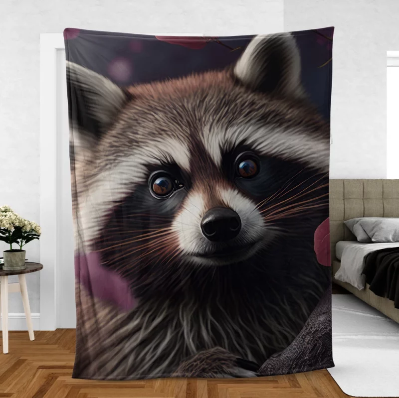 Mischievous Raccoon with Pink Flower Fleece Blanket