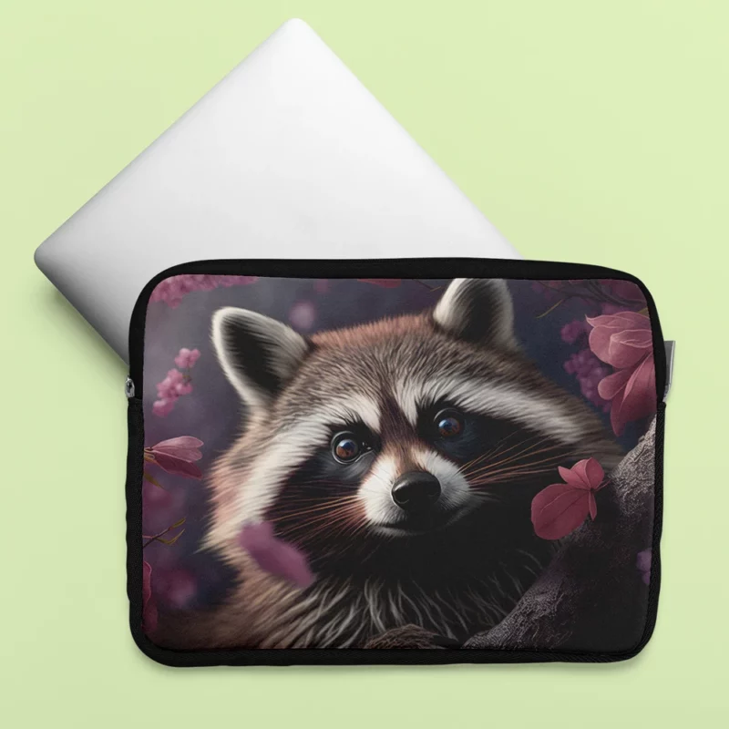 Mischievous Raccoon with Pink Flower Laptop Sleeve