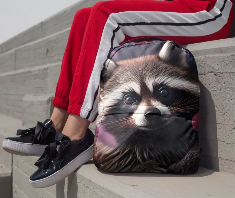 Mischievous Raccoon with Pink Flower Minimalist Backpack 1