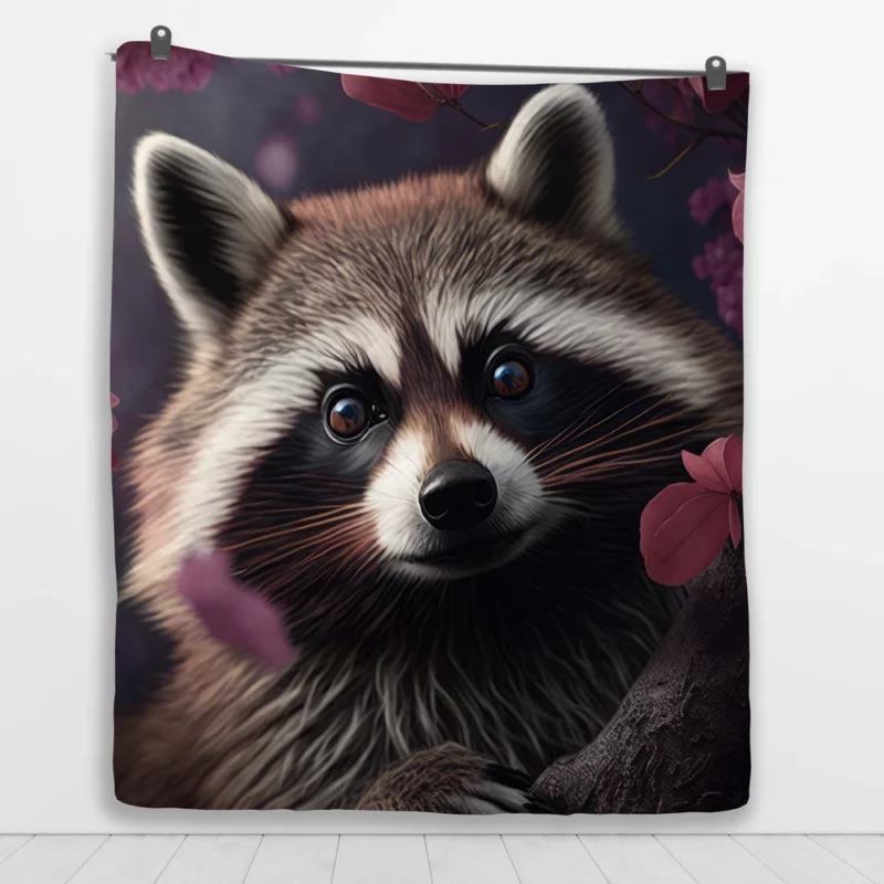 Mischievous Raccoon with Pink Flower Quilt Blanket 1