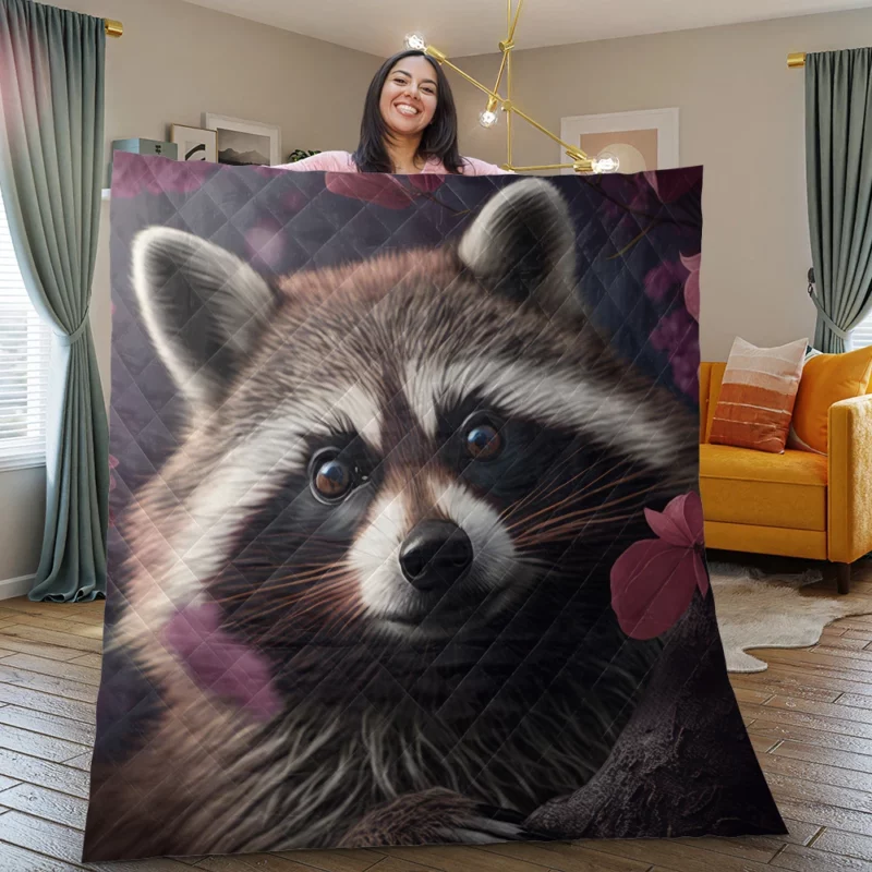 Mischievous Raccoon with Pink Flower Quilt Blanket