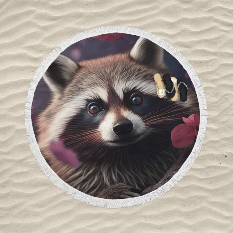 Mischievous Raccoon with Pink Flower Round Beach Towel