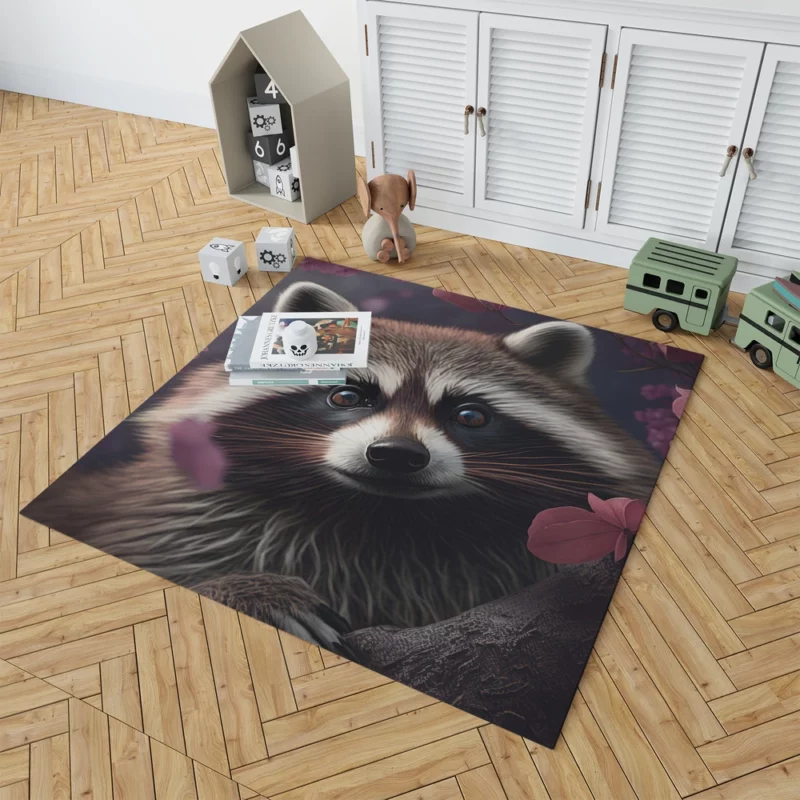 Mischievous Raccoon with Pink Flower Rug 1