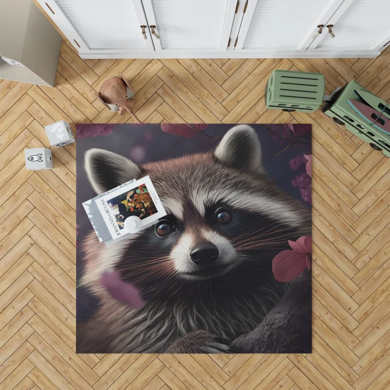 Mischievous Raccoon with Pink Flower Rug