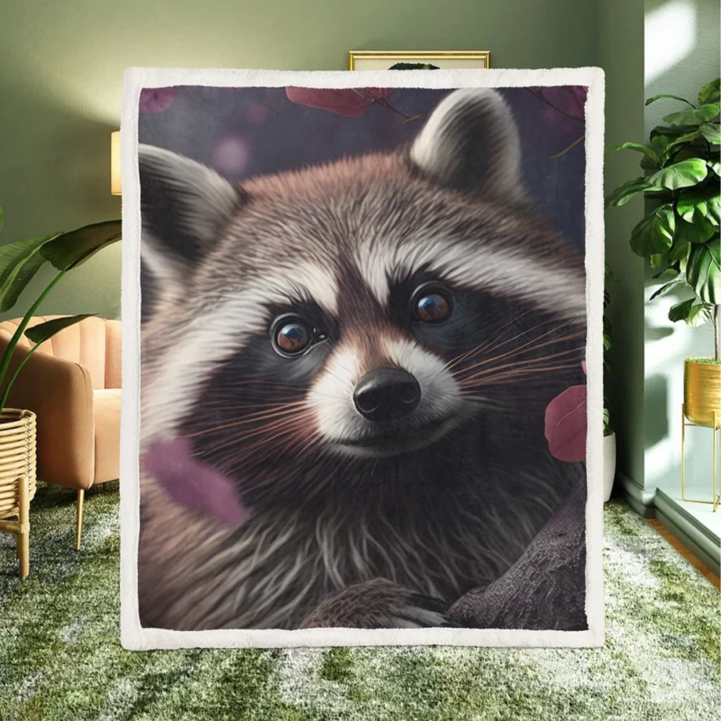 Mischievous Raccoon with Pink Flower Sherpa Fleece Blanket
