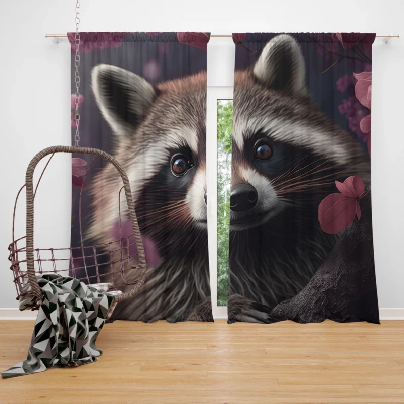 Mischievous Raccoon with Pink Flower Window Curtain