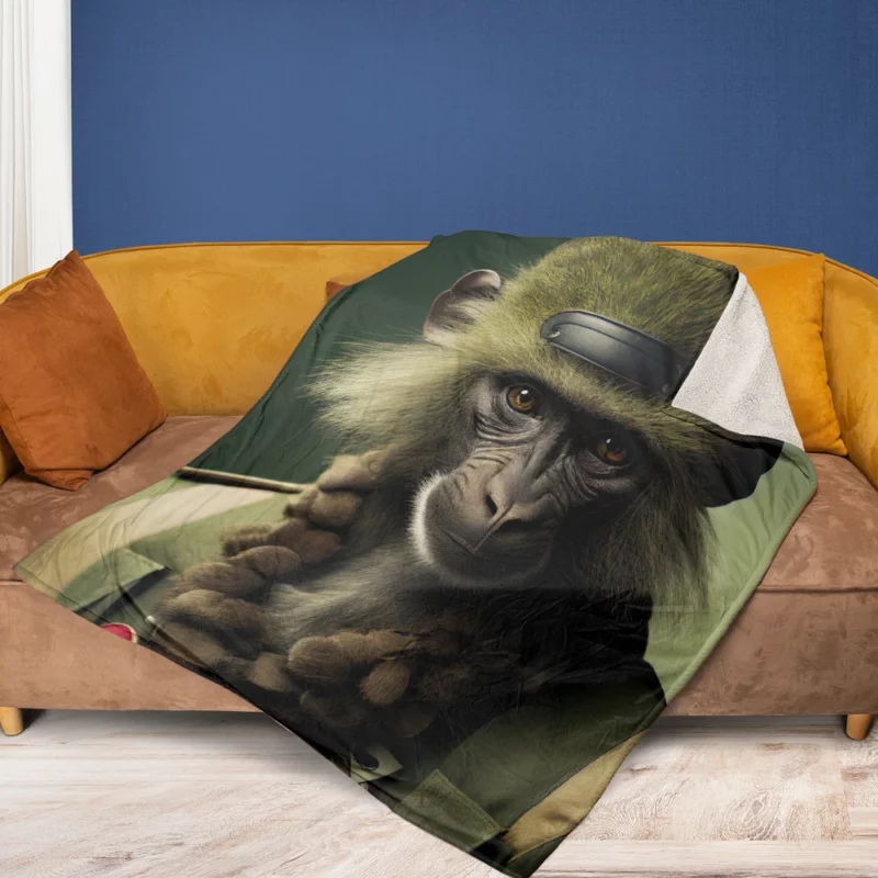 Monkey in Green Clothes Fleece Blanket 1