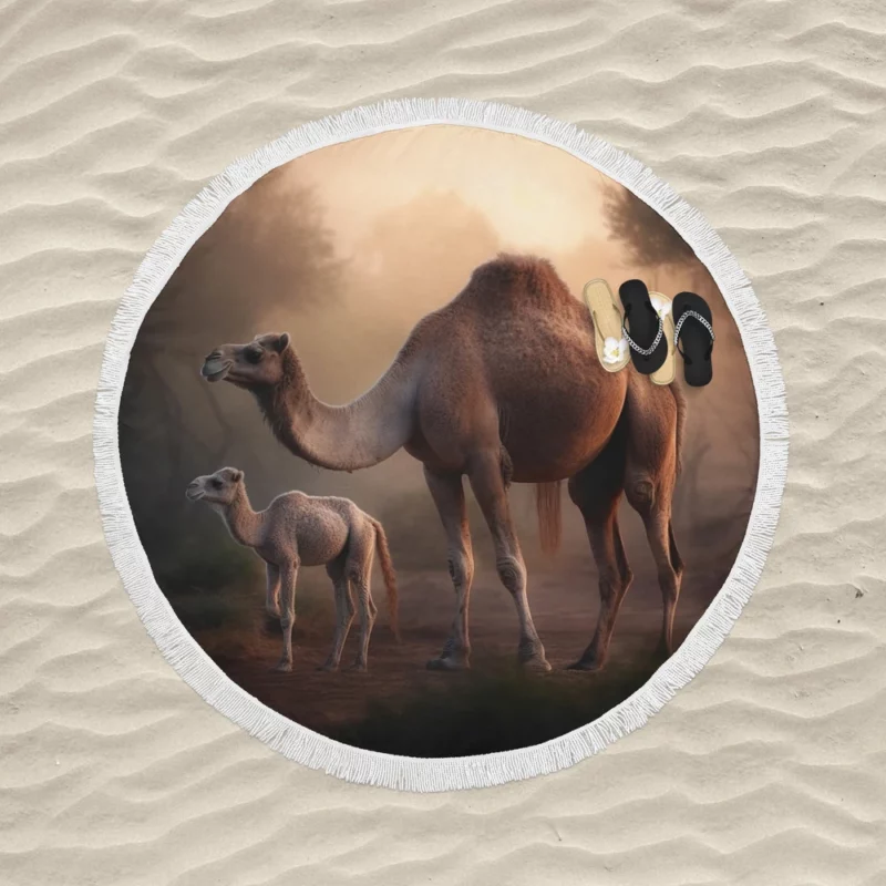 Mother Camel and Baby Round Beach Towel