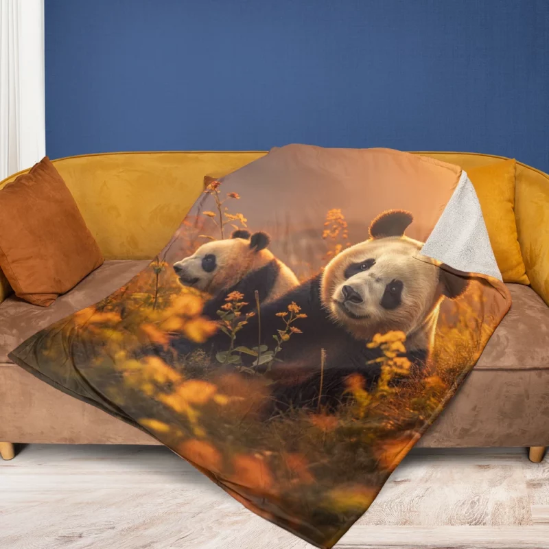 Mother Panda and Cub in Nature Fleece Blanket 1