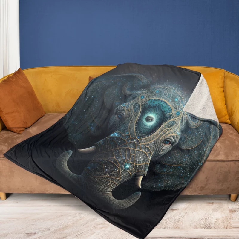 Mystical Elephant Head Illustration Fleece Blanket 1