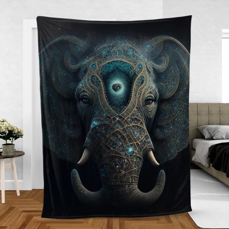 Mystical Elephant Head Illustration Fleece Blanket