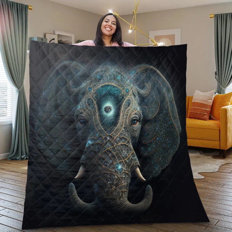 Mystical Elephant Head Illustration Quilt Blanket